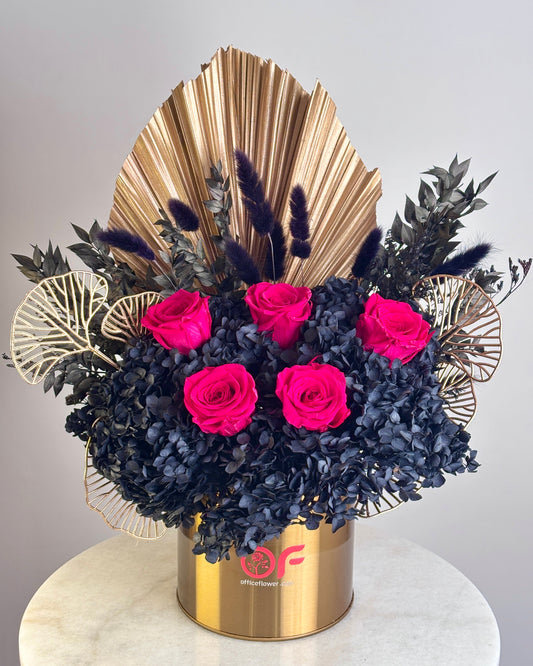 Red & Black Dried Flowers - Gold Vase - Office Flower