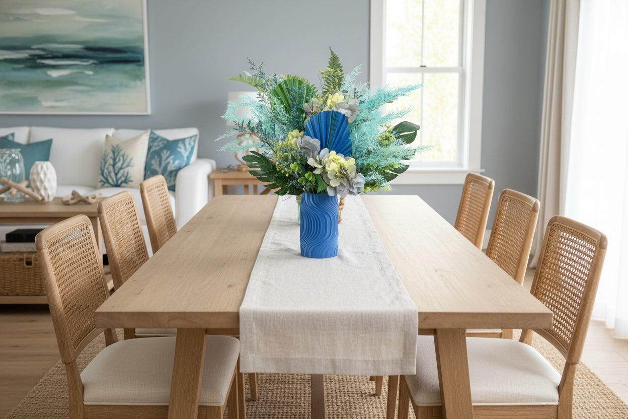 Floral arrangement with a blue shell in a blue vase on a white surface.