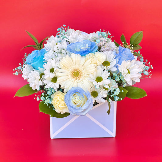 Blue and white floral arrangement flower delivery Sydney