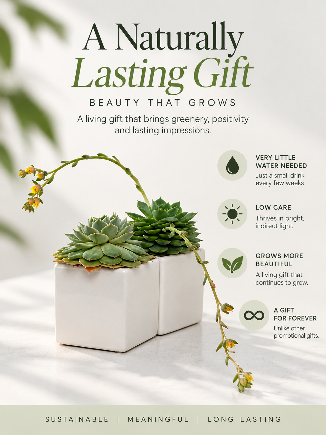 Promotional graphic for a succulent plant in a white square pot, with large text reading 'A Naturally Lasting Gift' and feature callouts about low water, low care, and long-lasting beauty on a light background.
