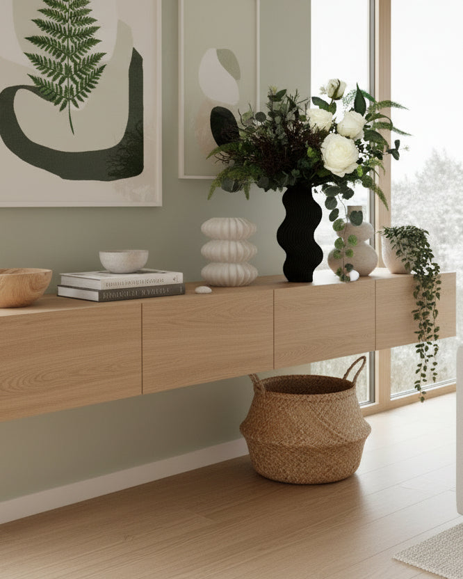 Bouquet of white roses and greenery in a black wavy vase