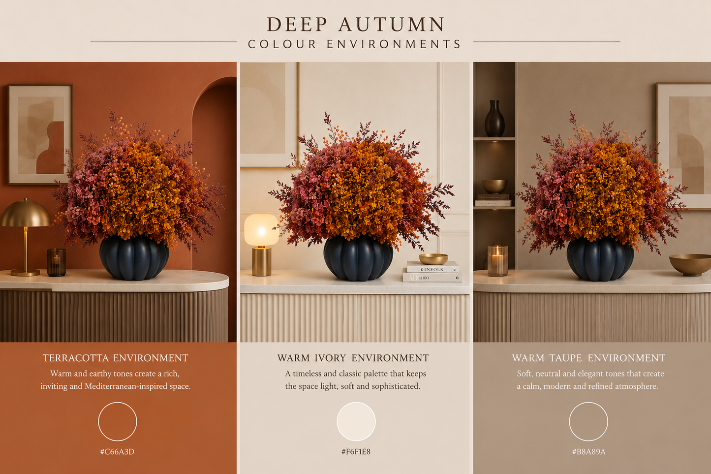 A styled interior design collage titled 'DEEP AUTUMN COLOUR ENVIRONMENTS' showing three room scenes with large autumn floral arrangements in dark blue-gray pots. The panels include warm terracotta, warm ivory, and warm taupe environments, with text describing the spaces and color palettes.