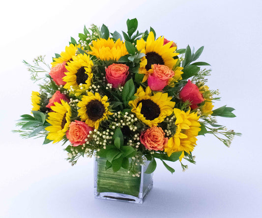 Sunflower & Rose Vase Arrangement - Office Flower