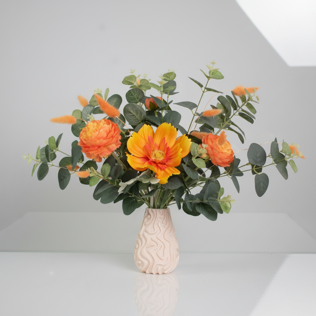 Bouquet of orange flowers in a textured vase on a white background