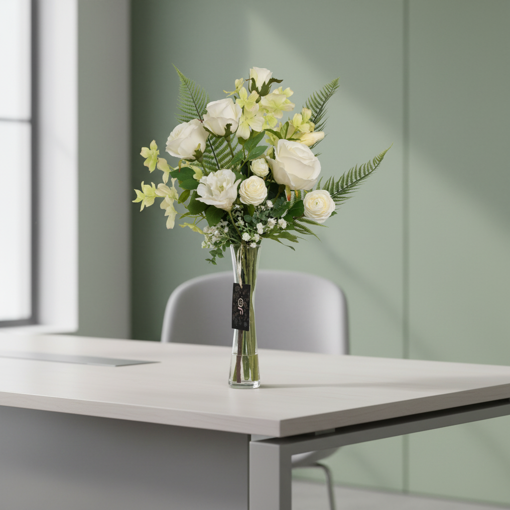 Bouquet of fake white and cream flowers in a clear vase on a white table with a green wall background.