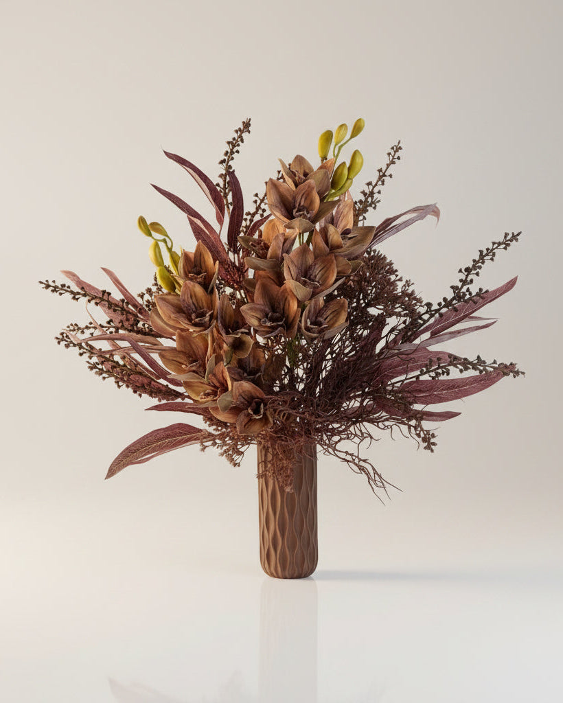 Bouquet of artificial flowers in a wooden vase on a light background