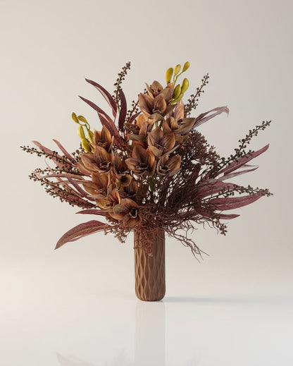 Bouquet of artificial flowers in a wooden vase on a light background