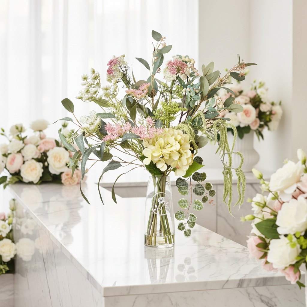 Artificial flowers on a marble surface with a neutral background