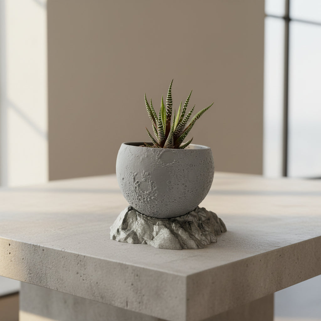 Concrete planter with a succulent on a matching stone base against a light gray background