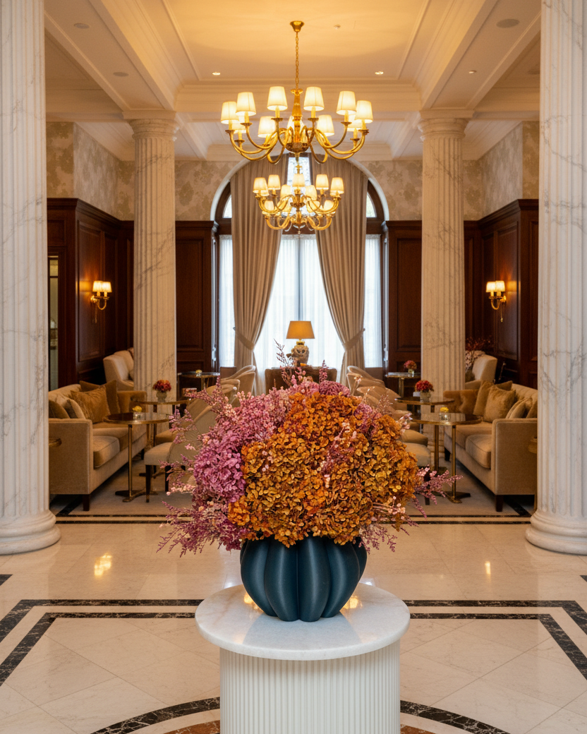 dried flowers for a large, elegant hotel lobby with classical columns, warm chandeliers, marble floors, and a prominent floral arrangement in a dark blue vase on a white pedestal in the foreground.