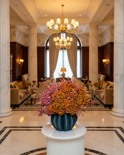 dried flowers for a large, elegant hotel lobby with classical columns, warm chandeliers, marble floors, and a prominent floral arrangement in a dark blue vase on a white pedestal in the foreground.