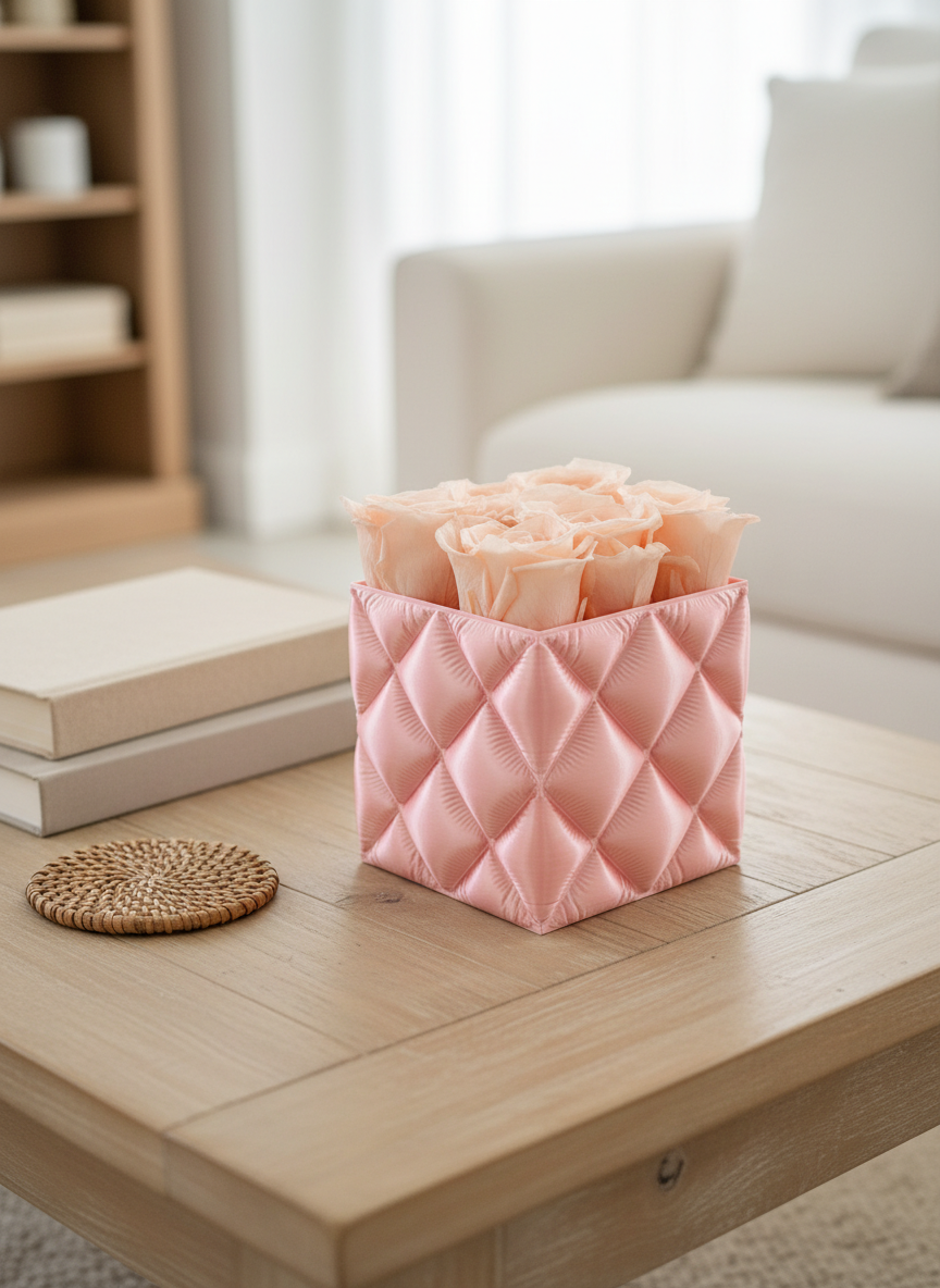 Pink quilted container with flowers on a wooden table in a living room setting