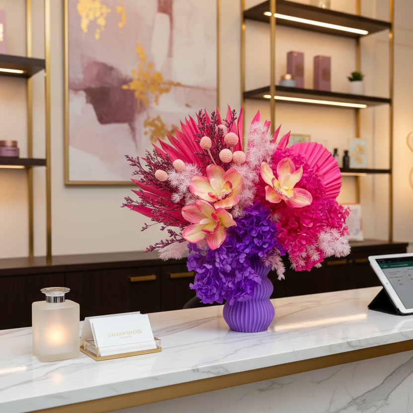 Decorative dried floral arrangement in a purple vase on a marble counter with a blurred background