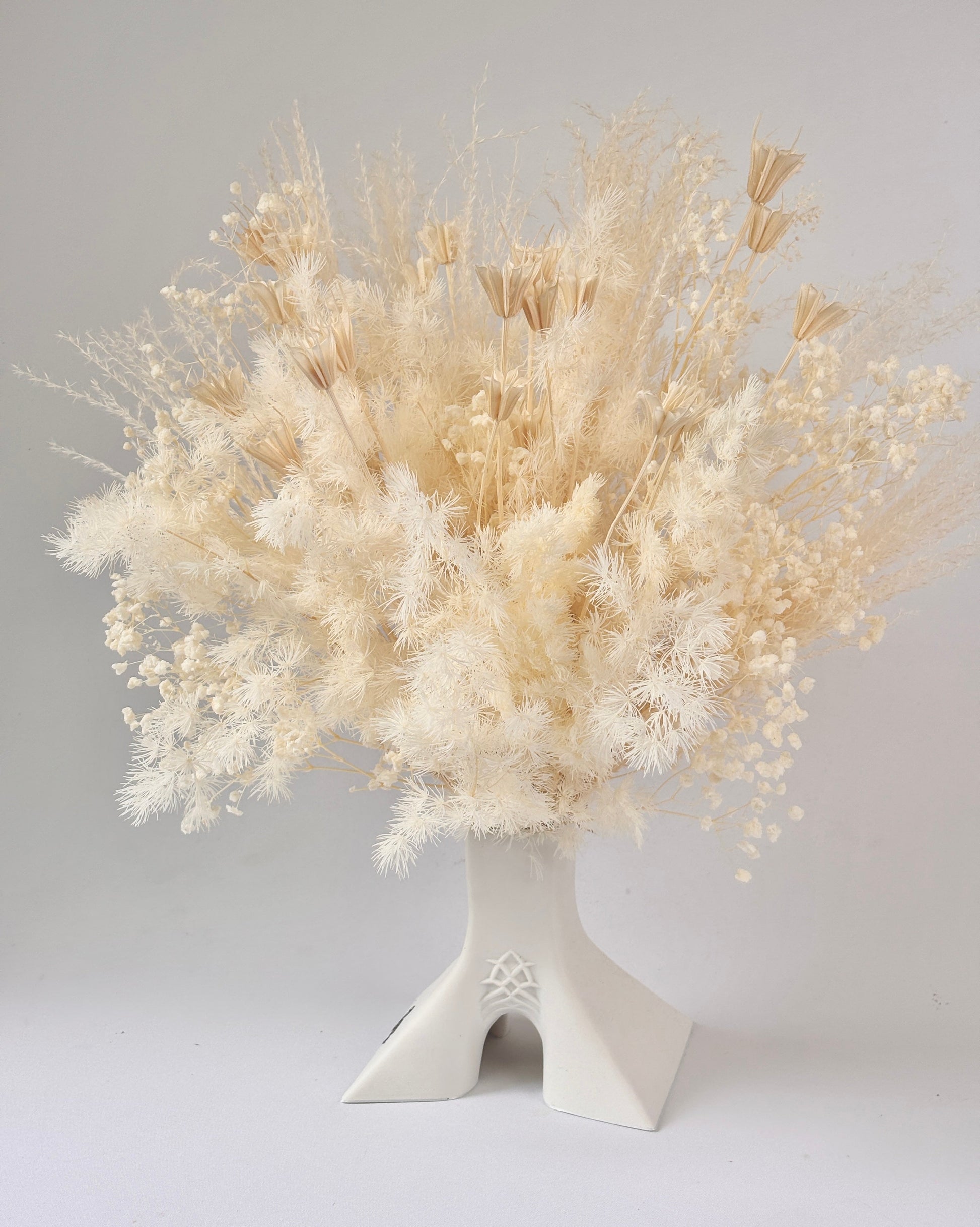 Bouquet of dried beige flowers in a white vase on a light gray background.