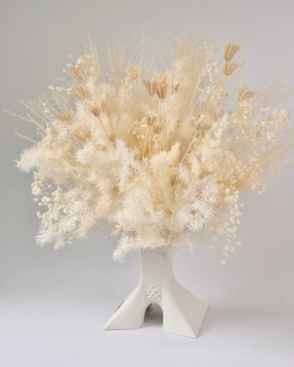 Bouquet of dried beige flowers in a white vase on a light gray background.