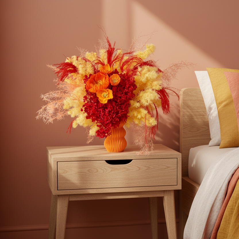 Dried flower for Bedroom with a vase of flowers on a nightstand and colorful bedding.
