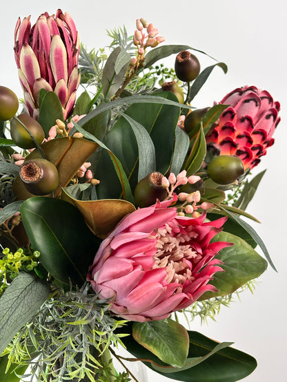 Au native flowers protea-style blooms, native greenery, eucalyptus-style leaves, and textured foliage