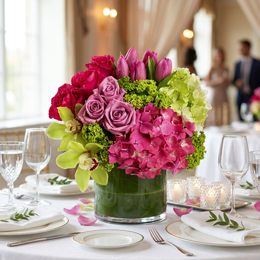 A vibrant floral arrangement featuring pink roses, magenta hydrangeas, green hydrangeas, tulips, and orchids in a dark green cylindrical vase, set against a plain white background.