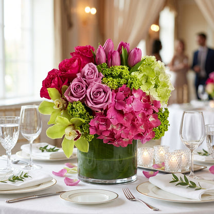 A vibrant floral arrangement featuring pink roses, magenta hydrangeas, green hydrangeas, tulips, and orchids in a dark green cylindrical vase, set against a plain white background.