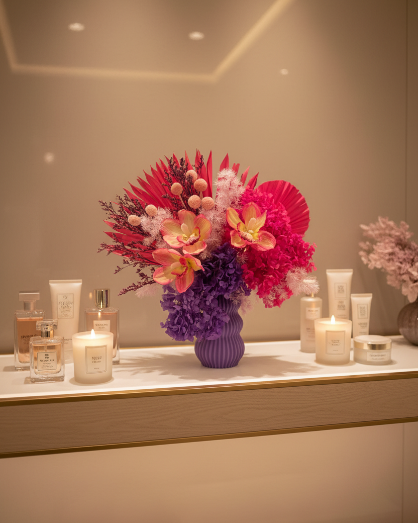Bouquet of dried flowers on a counter with skincare products in a spa setting