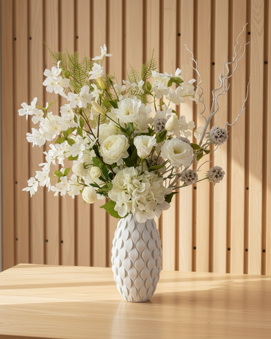 White artificial floral arrangement in a textured vase on a wooden surface with a wooden panel background