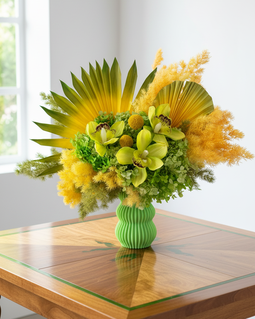 Dried Floral arrangement with yellow and green flowers in a green vase on a wooden table.
