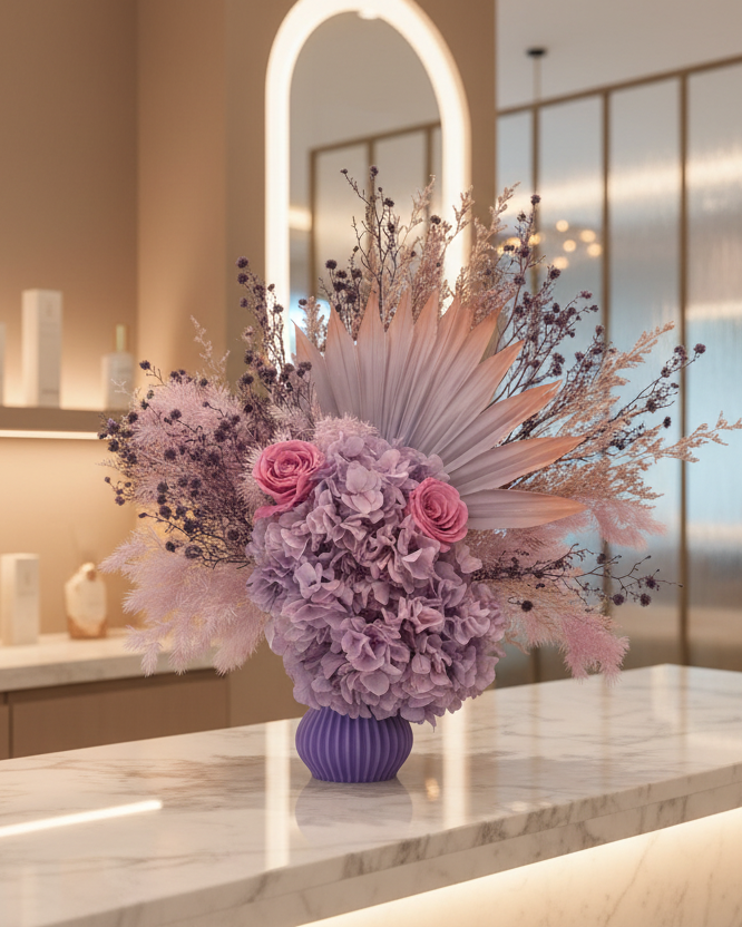 Preserved floral arrangement on a marble surface with a modern interior background