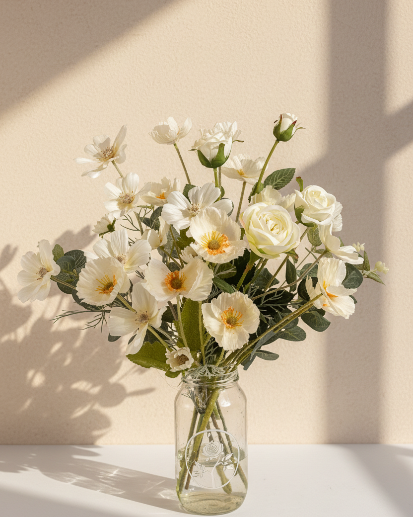 Bouquet of white artificial flowers in a clear vase on a light surface with a beige background