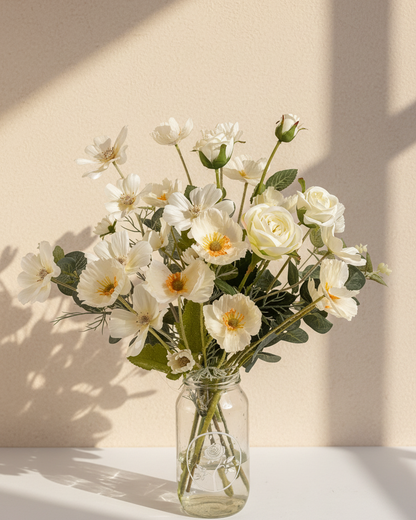 Bouquet of white artificial flowers in a clear vase on a light surface with a beige background