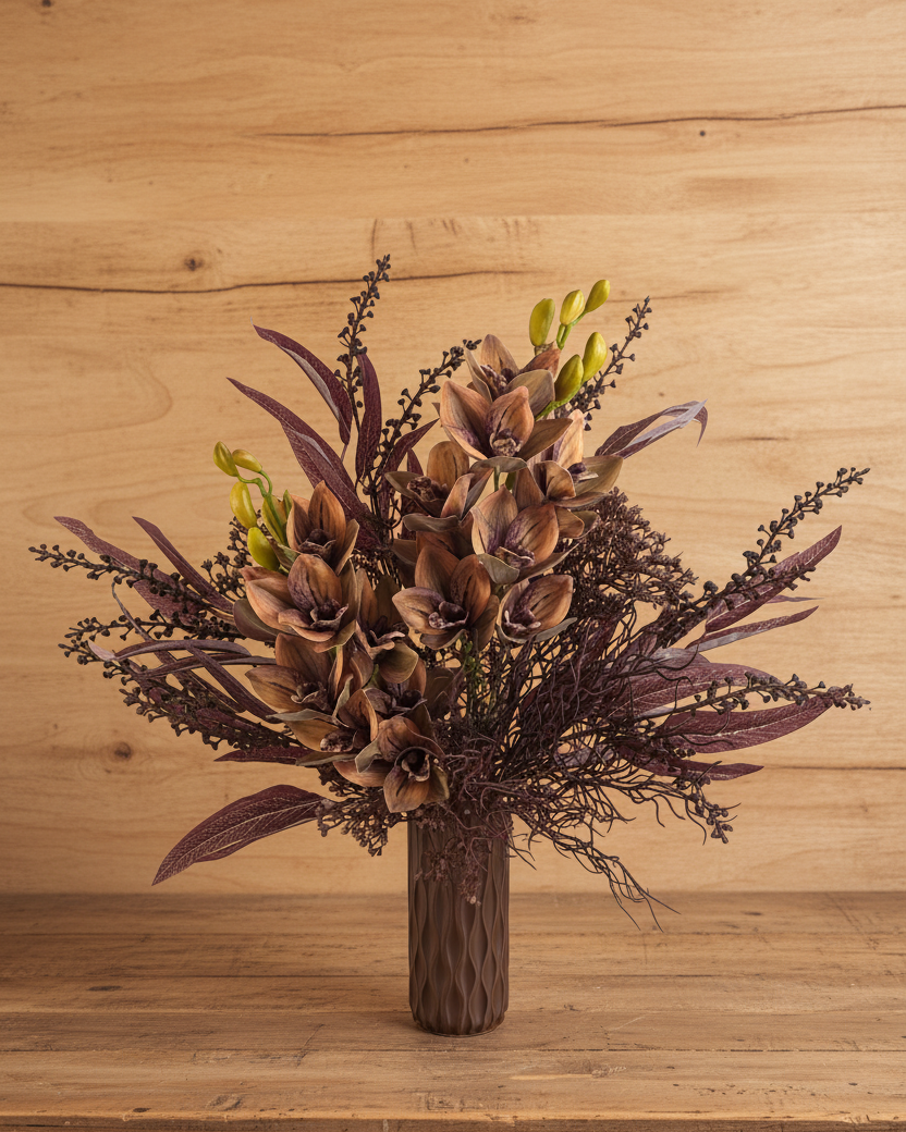 Bouquet of artificial flowers in a wooden vase on a wooden surface
