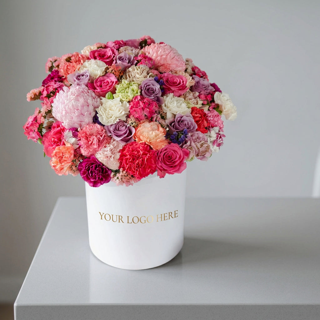 A vibrant, multicolored floral arrangement featuring pink, red, purple, and white roses and carnations, presented in a white cylindrical box with gold placeholder text, sitting on a light gray surface against a neutral gray background.