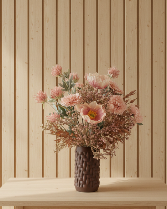 Wooden Style artificial flowers in a textured vase on a wooden table against a wooden paneled wall.