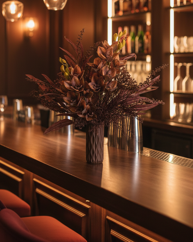 flowers for Bar counter with a vase of flowers and shelves with bottles in a dimly lit bar.