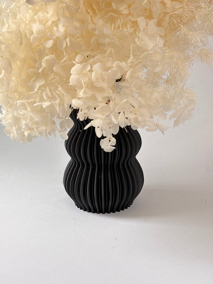 Black vase with white flowers on a white background