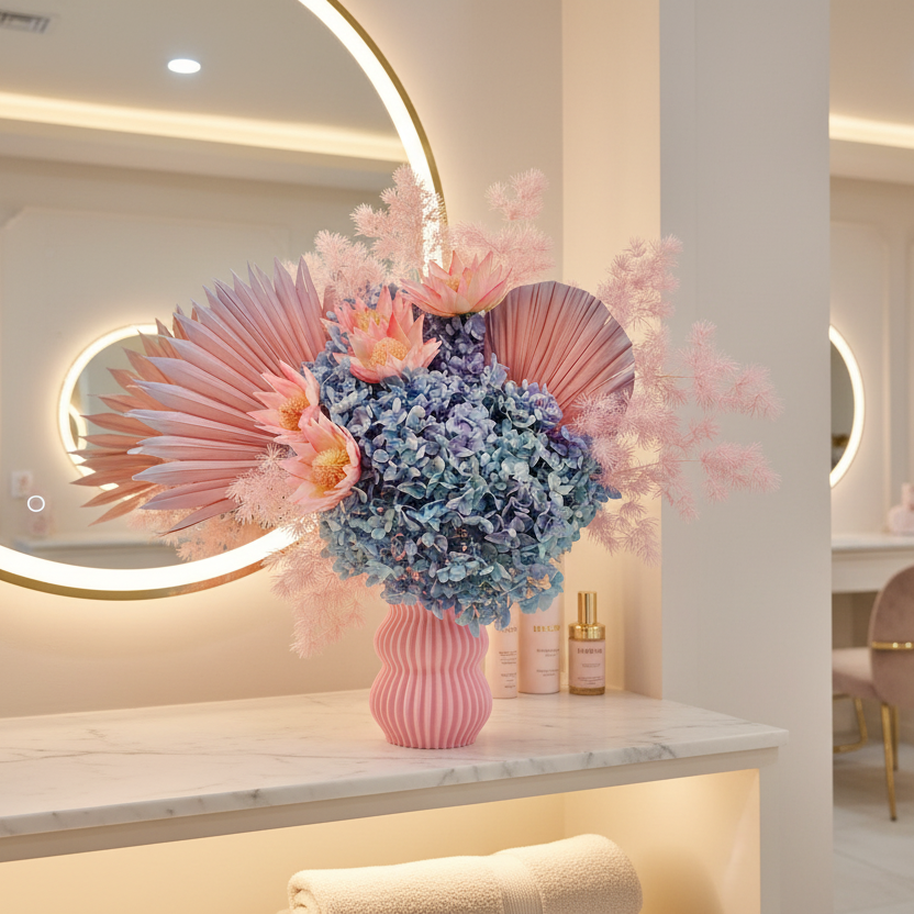 Decorative dried floral arrangement in a pink vase on a vanity counter with illuminated mirrors.