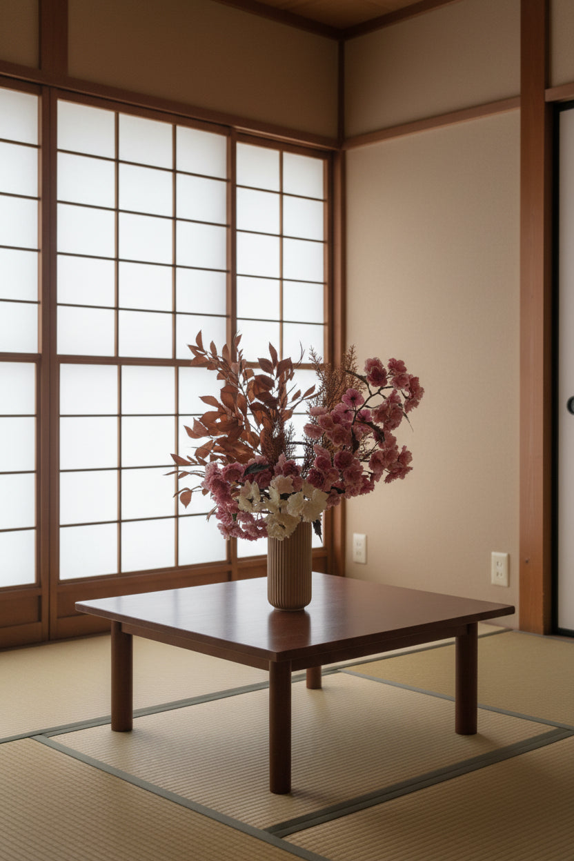 Artificial floral arrangement featuring pink and ivory blossoms with rust-colored foliage, elegantly styled in a tall ribbed nude vase.