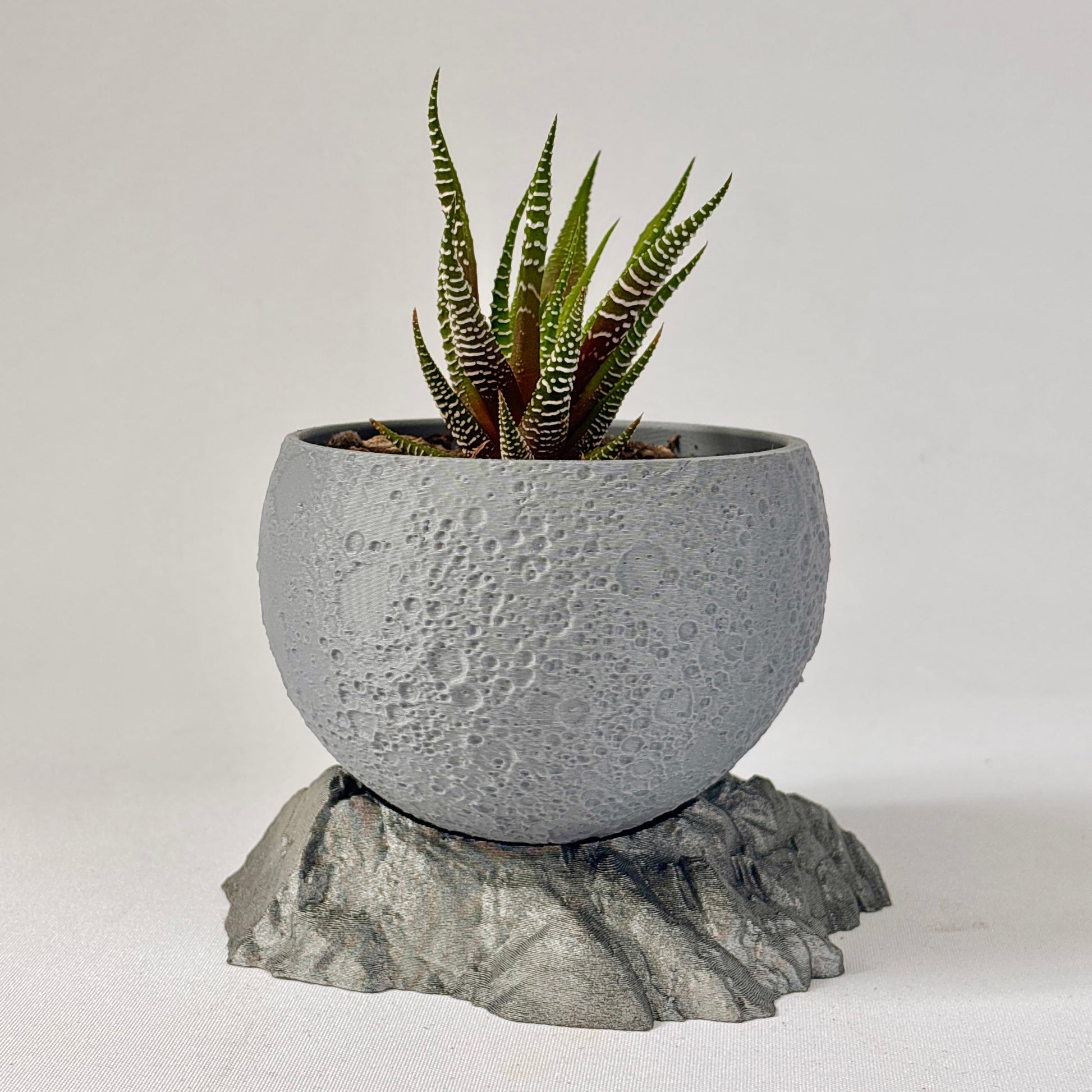 Cylindrical concrete planter with a small plant on a textured stone base against a light gray background