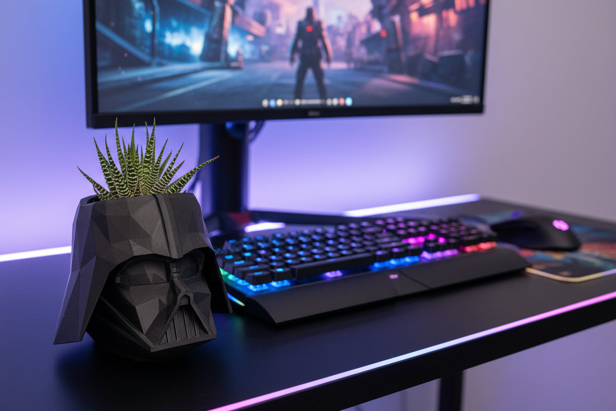 Darth Vader helmet planter with a small plant 