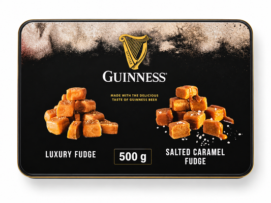 Guinness Luxury Fudge and Salted Caramel Fudge tin packaging, featuring a black background with the gold harp logo, product names, and photos of caramel fudge cubes.