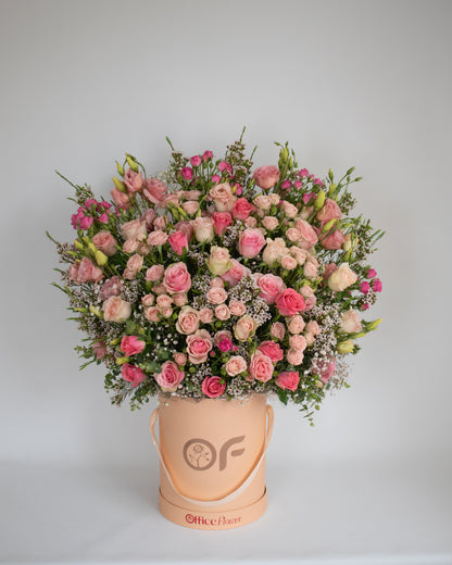 Grand blush rose bouquet with spray roses, lisianthus, and baby's breath in signature flower box