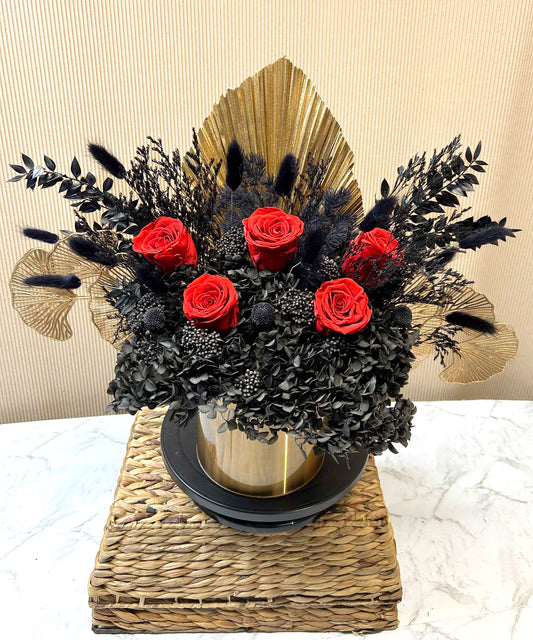 Red roses and black hydrangeas preserved flower arrangement + golden vase