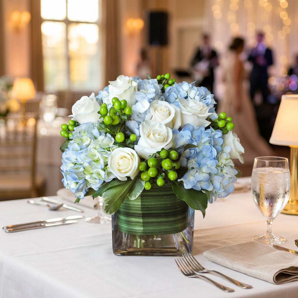 A floral arrangement featuring white and light blue hydrangeas, white roses, and green berries in a square glass vase with a green striped wrap, set on a wooden surface against a red brick wall.