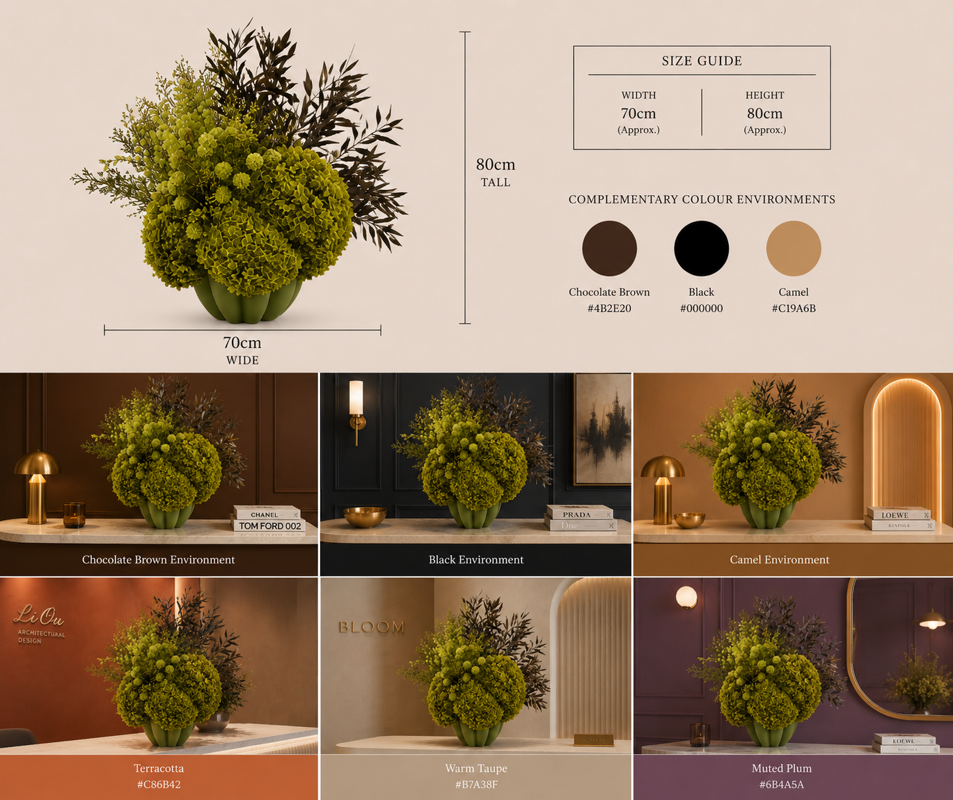 Green floral arrangement with size guide and color complementation on a beige background