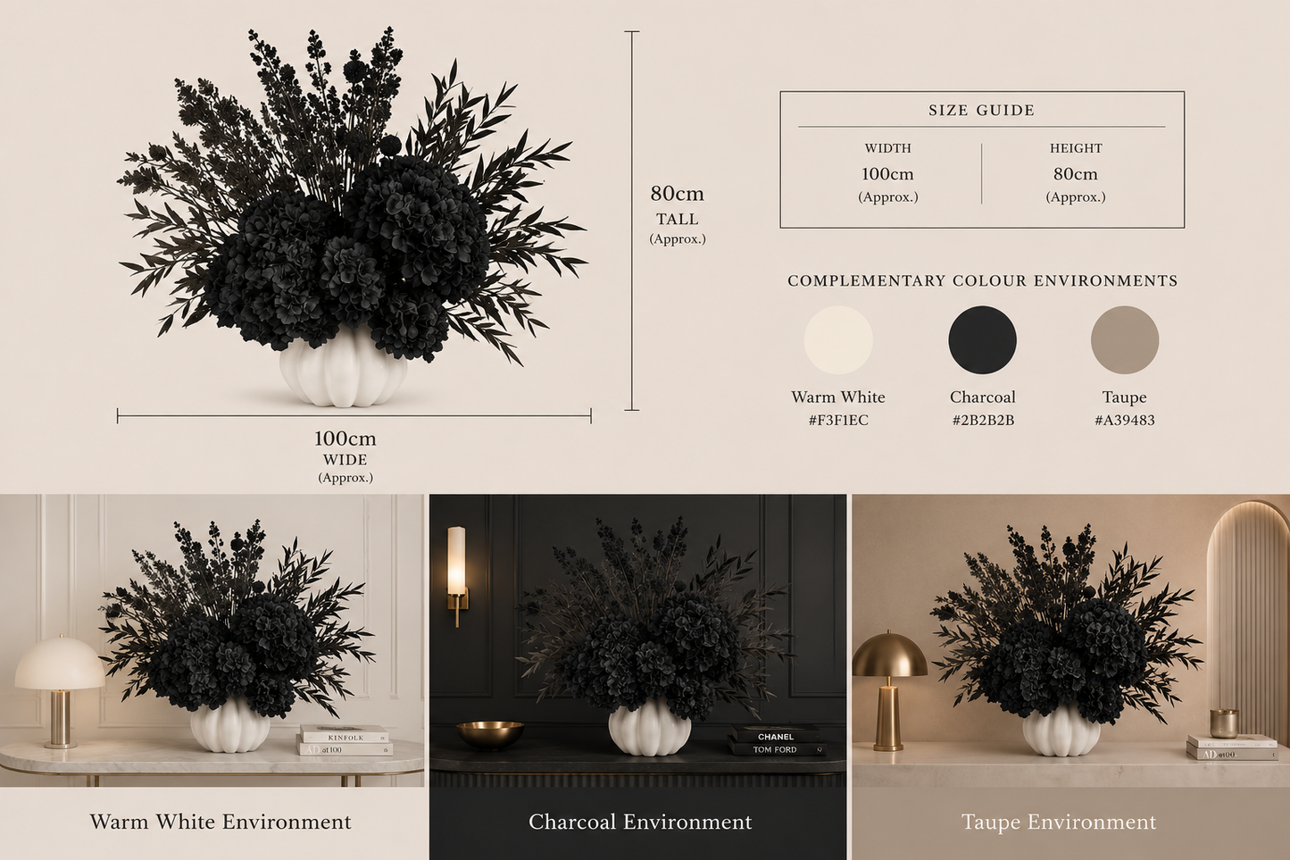 Black artificial floral arrangement in a white vase, shown with size measurements, color options, and three styled room scenes on a beige background.