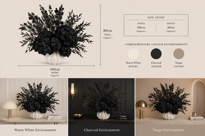 Black artificial floral arrangement in a white vase, shown with size measurements, color options, and three styled room scenes on a beige background.