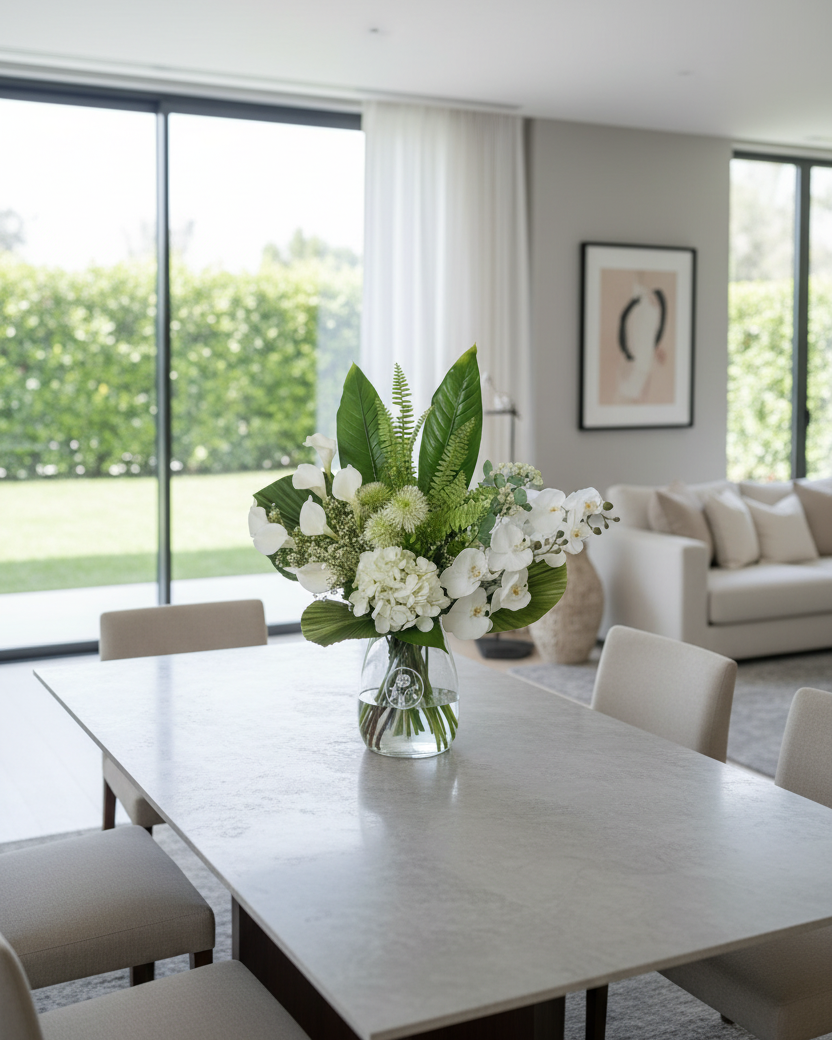 A modern dining table in a bright, contemporary living space, decorated with a vibrant white and green floral centerpiece in a clear glass vase.