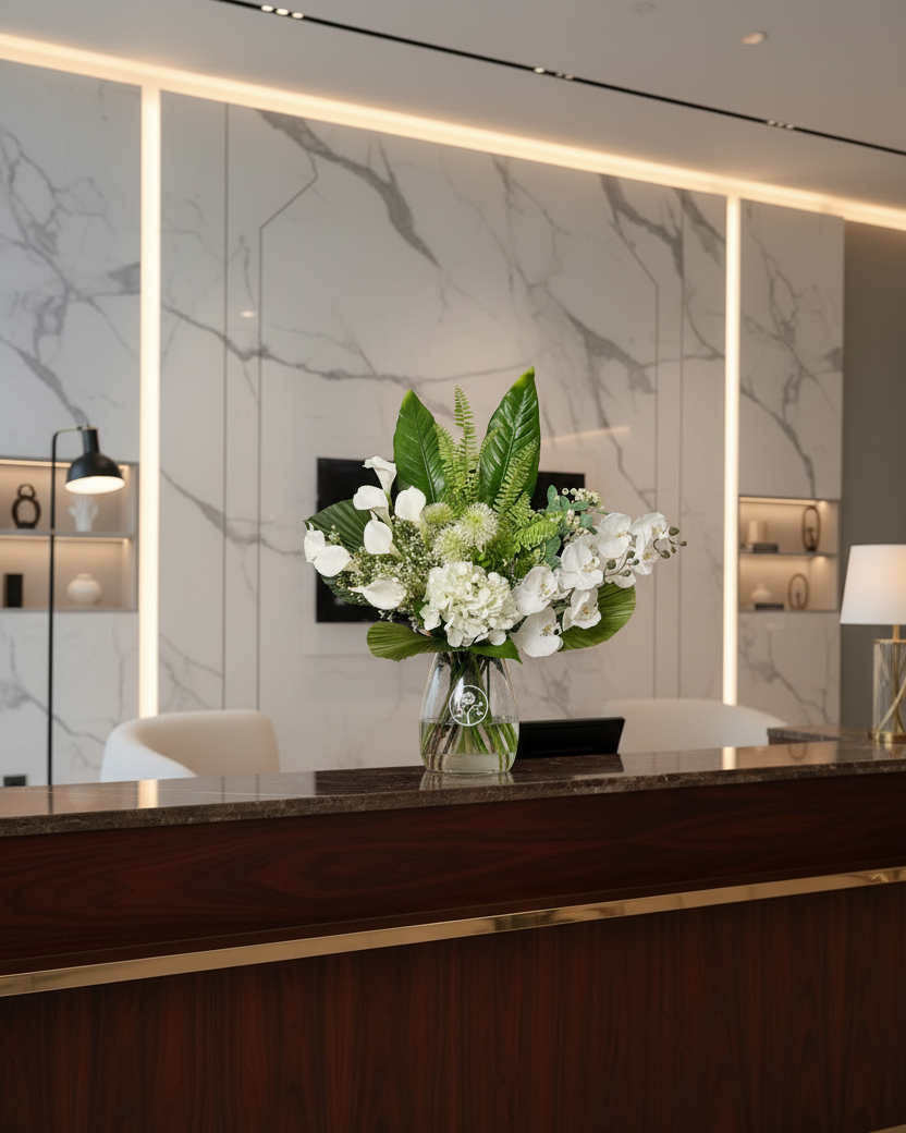 Floral arrangement for a modern reception desk in a luxury lobby with a dark wood grain front, gold trim, and a marble-patterned back wall. A vibrant floral arrangement of white flowers and green leaves sits in the center of the desk