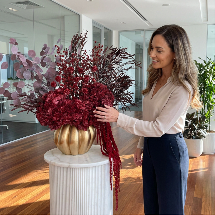 A woman in a beige blouse and navy trousers stands beside a large dried floral arrangement in a gold vase on a white pedestal inside a modern office space.