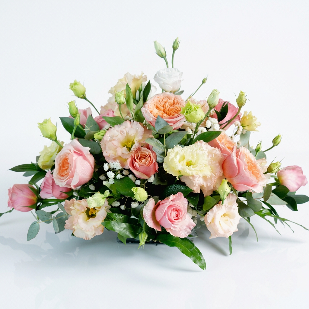 A pastel floral arrangement featuring pink and peach roses, cream lisianthus, and green foliage on a light gray surface against a neutral beige background..
