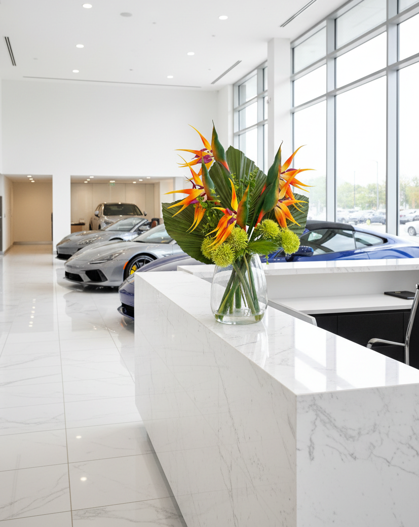 Officeflower in A white marble reception desk in a bright car showroom, decorated with a clear glass vase holding a vibrant orange and green tropical flower arrangement. In the background, several luxury sports cars are parked inside the showroom.